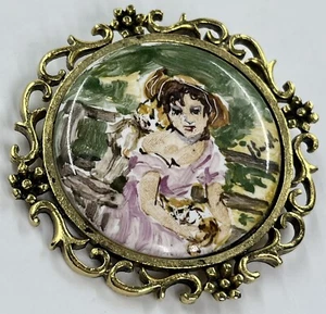 Vintage Brooch Brass Porcelain Painted W/ Lady And 2 Cats, Signed (1059) - Bild 1 von 7