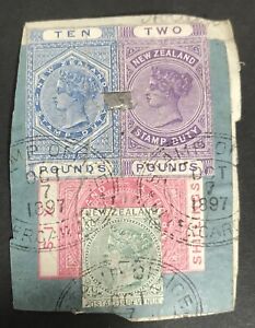 New Zealand 1880 Pre-decimal QV Revenue Stamps with metal foil tie Pstmked 1897