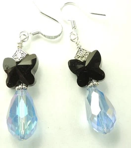 Schwarze Kristall Schmetterling Ohrringe Briolette Kristall Handarbeit Schmuck - Bild 1 von 1
