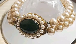 Vintage selten signiertes Miriam Haskell Armband 2 Stränge runde Perle & dunkelgrüne Jade - Bild 1 von 14