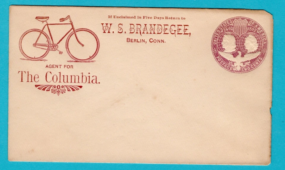 USA postal stationery envelop Columbus 1893 with bicycle illustration Berlin - Image 1 of 2