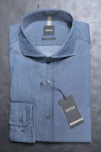Hugo Boss $278 Men's Hays Spread Slim Fit 100% Cotton Denim Dress Shirt 39 15.5 - Picture 1 of 8