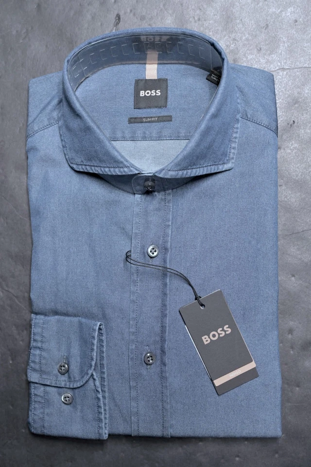 Hugo Boss $278 Men's Hays Spread Slim Fit 100% Cotton Denim Dress Shirt 42 16.5 - Image 1 of 4