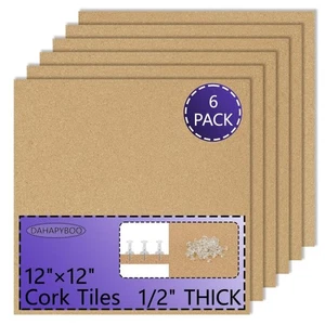 Cork Board Bulletin Board 12x12,1/2" Thick Cork Board Tiles 6 Pack, Self-Adhe... - Picture 1 of 7