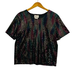 Kathie Lee Collection Women's Top Size Large Black Disco Sequin Short Sleeve - Picture 1 of 9