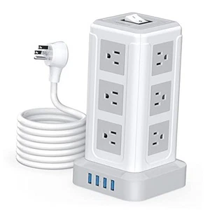 Power Strip Surge Protector Tower with 12 Outlets 4 USB Ports, 10ft Long - Picture 1 of 7