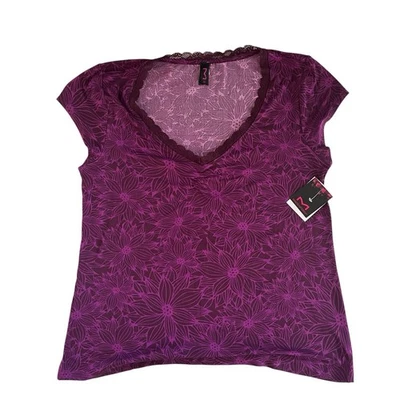 NWT Maidenform Women's Size XL Night Shirt Purple Floral Lace V-Neck Ruched - Image 1 of 4