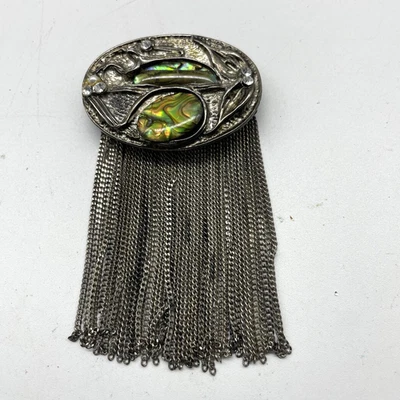 Broche prendedor borla concha de abulón tono plateado flecos ovalados estrás Art Nouveau Foto 1 de 3