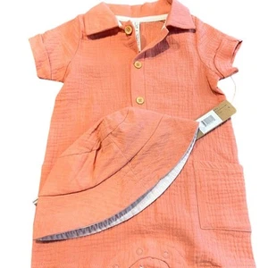 NWT Liam & James Baby Girl 2-Piece Romper & Sun Hat Set Size 12M Peach/Brown - Picture 1 of 5
