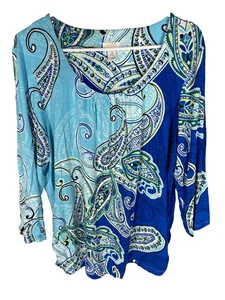 Chico's Shirt Größe 3 Damen XL blau Blumen Stretch Viskose 3/4 Arm Plissee - Bild 1 von 4