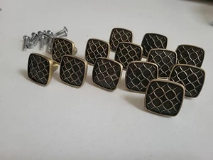 13 Pc Square Modern MCM Lattice Brass Drawer Knobs Vtg Contemporary Look  - Picture 1 of 7