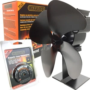 Heat Powered Stove Top Fan + Thermometer Log Wood Burner Accessories Kit - Picture 1 of 12
