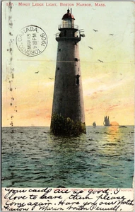Postcard Massachusetts Boston Harbor MA Minot Ledge Light Lighthouse 1906 - Foto 1 di 2