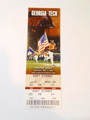 2012 Virginia Tech Hokies Georgia Tech Football Ticket Stub Cover