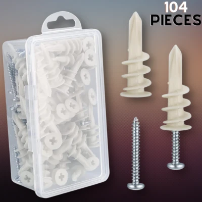 104 Pcs Wall Sheetrock Anchors And Screws Drywall Drilling Hanging And Mounting