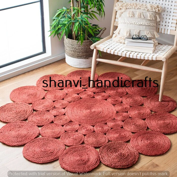 Bohemian Red Colour Round Rug Jute Rug Hand Braided Rug Jute Rug 7 Feet Area Rug - Image 1 of 3