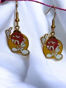M&Ms Red Character Dangle Earrings Gold & Enamel Cartoon Candy Novelty Jewelry - Picture 1 of 12