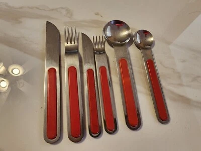 RARE RED Sergio Asti Boca Stainless Steel ICM ITALY For LAUFFER 6 piece Flatware - Изображение 1 из 4