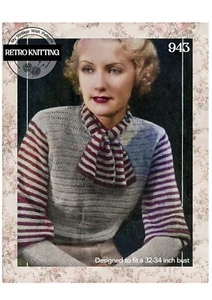 1930's Mutton Sleeve Striped Jumper Knitting pattern Bust 34 - Picture 1 of 3