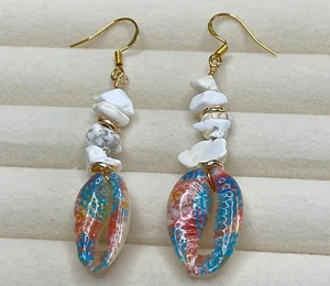 Colorful Crushed Stone White Turquoise & Shell Dangle Earrings- 925 Silver Hook - Picture 1 of 10