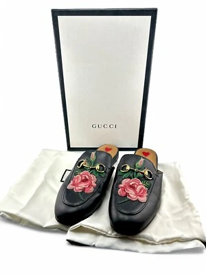 Gucci Princetown Negro Floral Cuero Mules Zapatillas Zapatos, Talla EU 37 1/2 Foto 1 de 4