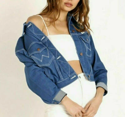 Nueva Chaqueta de Jean Corta WRANGLER Heritage Denim Retro Bajo Enjuague S Free People Foto 1 de 4