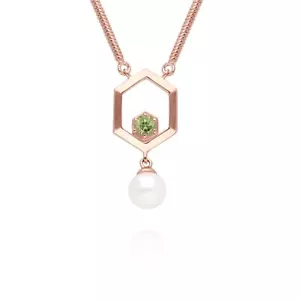 Moderno Perla & Peridoto Esagonale Goccia Collana IN Oro Rosa Placcato Argento - Foto 1 di 1