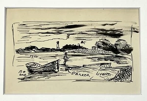 Depression Era Ink Drawing Man Fishing In Lake 5x7 Bruce Mitchell Vtg WPA Artist - Picture 1 of 9