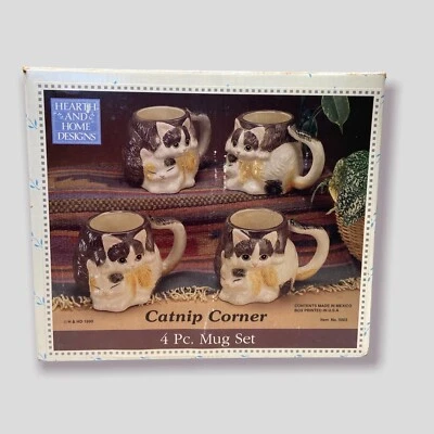 Juego de 4 tazas Cat Kitten 3D hogar hierba gatera esquina vintage 1988 CAJA ABIERTA Foto 1 de 4