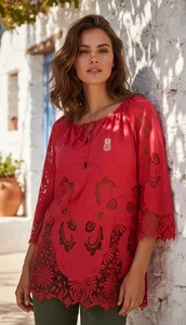 Elie Tahari rote bestickte Cutout Bluse 3/4 Arm Boho Tunika transparent Gr. M - Bild 1 von 7