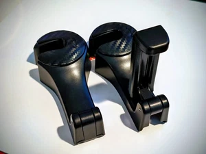 2 Pack Heavy Duty Car Headrest Bag Hooks Carbon Fiber + Phone Holder - Picture 1 of 10