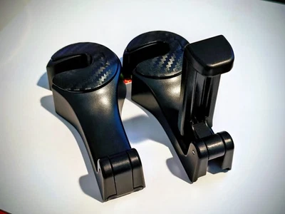 2 Pack Heavy Duty Car Headrest Bag Hooks Carbon Fiber + Phone Holder - Image 1 of 4
