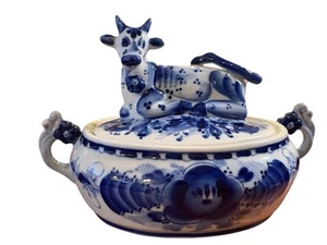 Statuina mucca zuccheriera/caramelle vintage stile russo Gzhel blu e bianco 7,5” x 5” - Foto 1 di 5