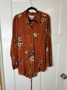 Back In The Saddle Women’s  XL Tunic Blouse Long Sleeve Orange Floral 4408 - Picture 1 of 7