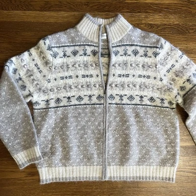 Vtg Valerie Stevens Angora Lambswool Cardigan Sweater P L SOFT Fair Isle gray - Image 1 of 4
