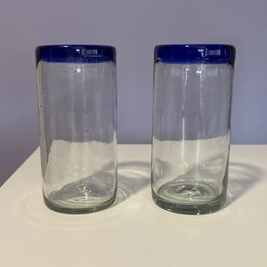 2 Hand Blown Mexican Drinking Glasses Dark Blue Rim / Top Band Bubble Glasses 5" - Picture 1 of 15