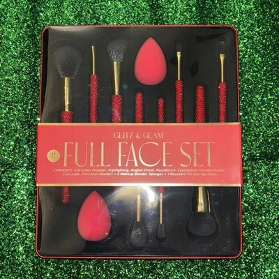 NUEVO Juego de brochas de maquillaje Glitz and Glam 11 piezas conjunto completo de gemas de diamantes de imitación rojos Foto 1 de 4
