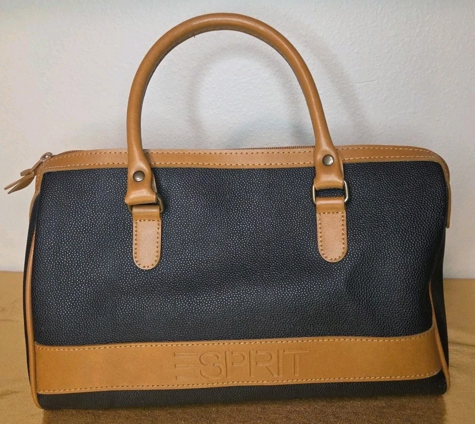 ESPRIT Vintage 90s Black Tan Pebbled Leather Logo Handbag Purse 2 Handle Bag - Image 1 of 4