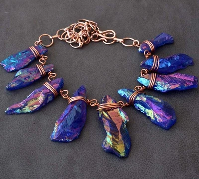 Colar aglomerado roxo titânio aura quartzo étnico cobre envolto em fio 16" GW - Imagem 1 de 3