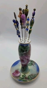 Vintage Limoges China Hutnadelhalter mit neun Hutnadeln, Porzellan mit Ring Tablett - Bild 1 von 12