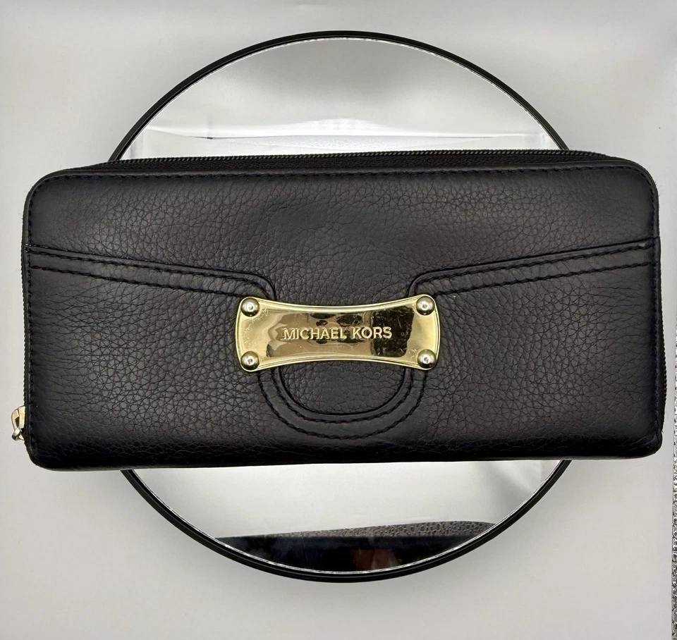 MICHAEL KORS Classic Large Continental Fine Pebbled Leather Black Wallet Gold LN - Image 1 of 4