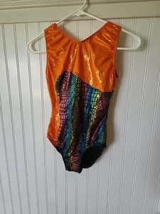 Gymnastics Leotard Girls Medium Go For Gold Orange Rainbow Snake Print  - Picture 1 of 6