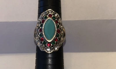 Sterling Silver Ring Turquoise, Ruby Red &  Emerald Green Gemstones Size 10.25 - Image 1 of 3