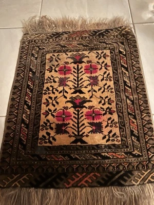 Vintage Handmade Tribal Wool Rug Baluchi Rug Afghan Rug Red Blue Beige25”x20” - Image 1 of 4