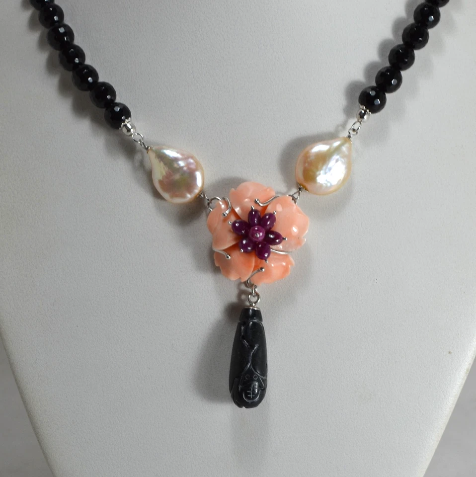 COLLANA IN ARGENTO 925 ONICE INCISO FIORE DI CORALLO ROSA E RUBINI    AGLN 0291 - Immagine 1 di 4