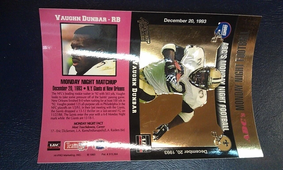 Vaughn Dunbar New Orlean Saints 1993 Action Pack UNFOLDED Monday Night Football - Image 1 of 1
