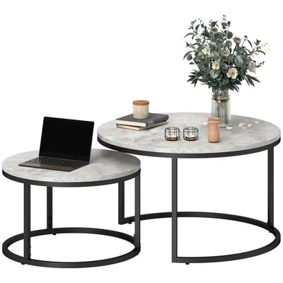 HOMCOM 2 Pcs Stacking Coffee Table Set Steel Frame, Marble Grey - Image 1 of 4