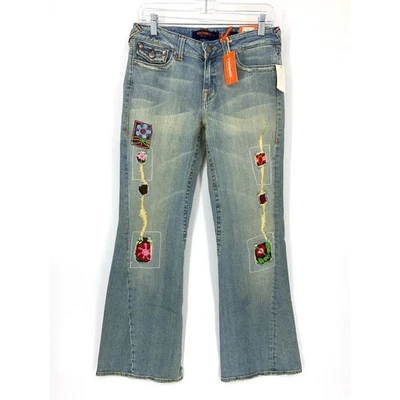VTG Y2K VIGOSS Women's Size 9 Embroidered Denim Flare Jeans Blue Dirty Wash NWT - Image 1 of 4
