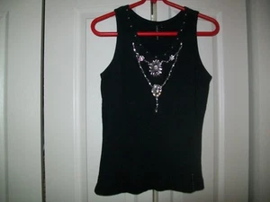 BLACK JEWELED RIBBED TANK TOP PL BY CHA CHA VENTI - Picture 1 of 1