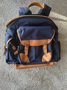 L.L. BEAN Brown Leather Blue Canvas Padded Backpack Rucksack Book Bag Collegiate - Picture 1 of 12